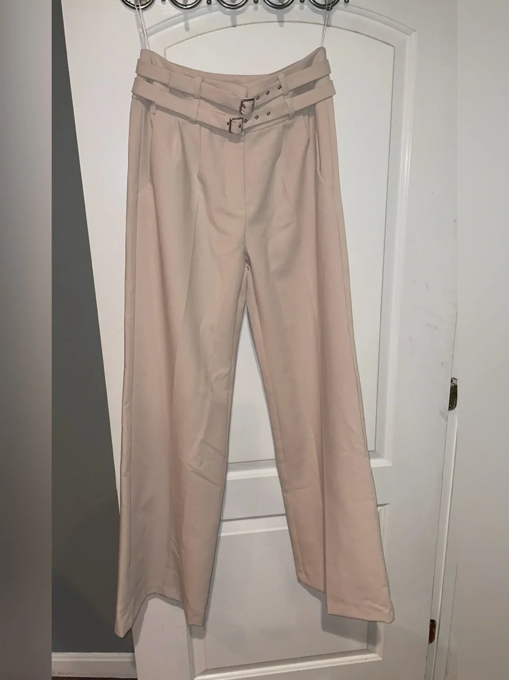 New! Amanda Uprichard Blythe High Waist Wide Leg Buckle Pants Bone 🤍 Medium NWT!